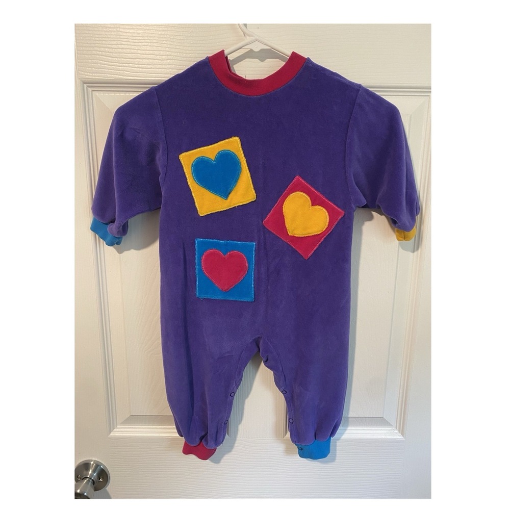 Vintage 80s Baby Togs Purple Velour Color-Block Heart Appliqué Romper, Size 18M